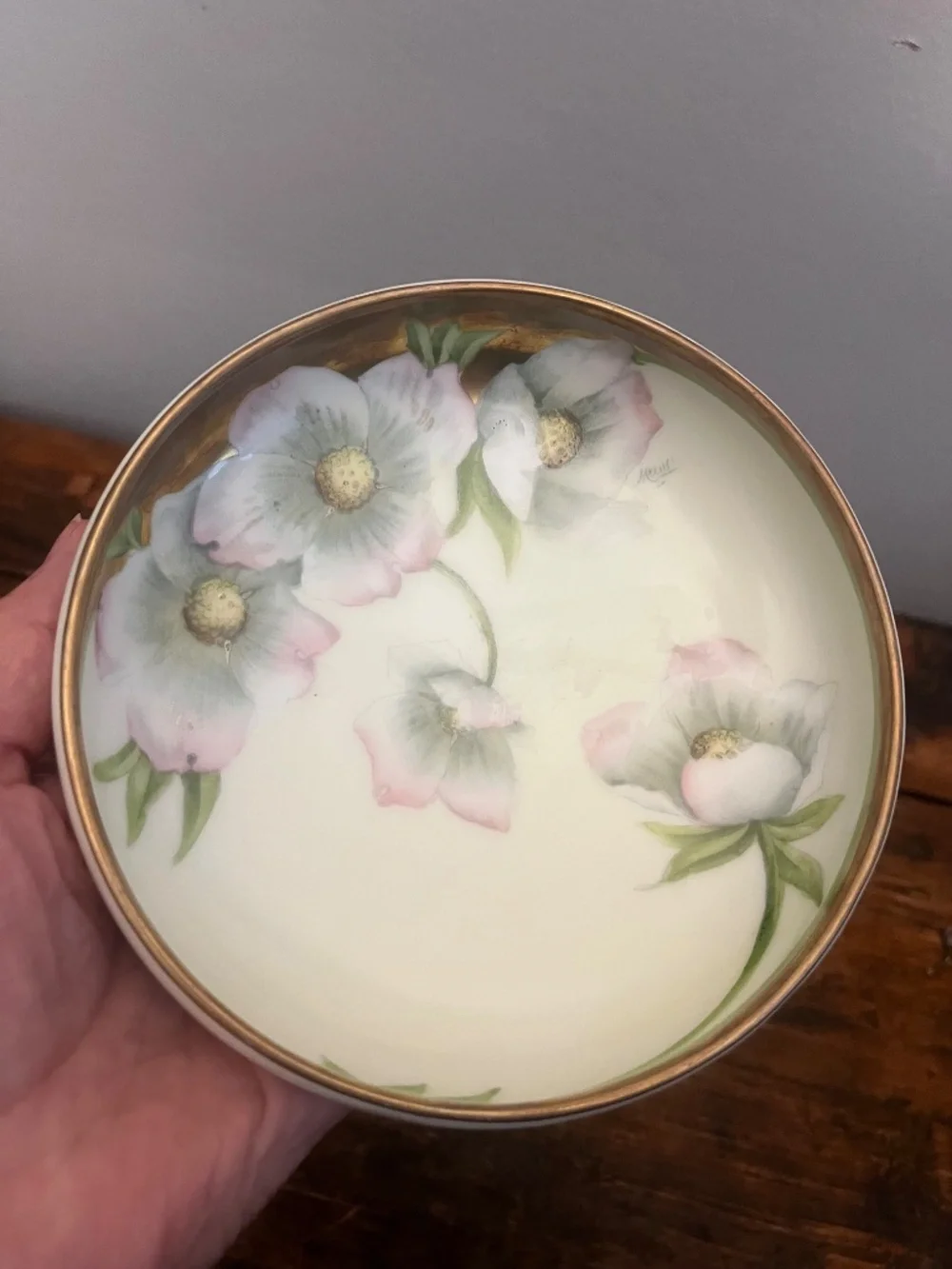 Vintage Hand-Painted Porcelain Floral Trinket Box / Vanity Three Legged Dish